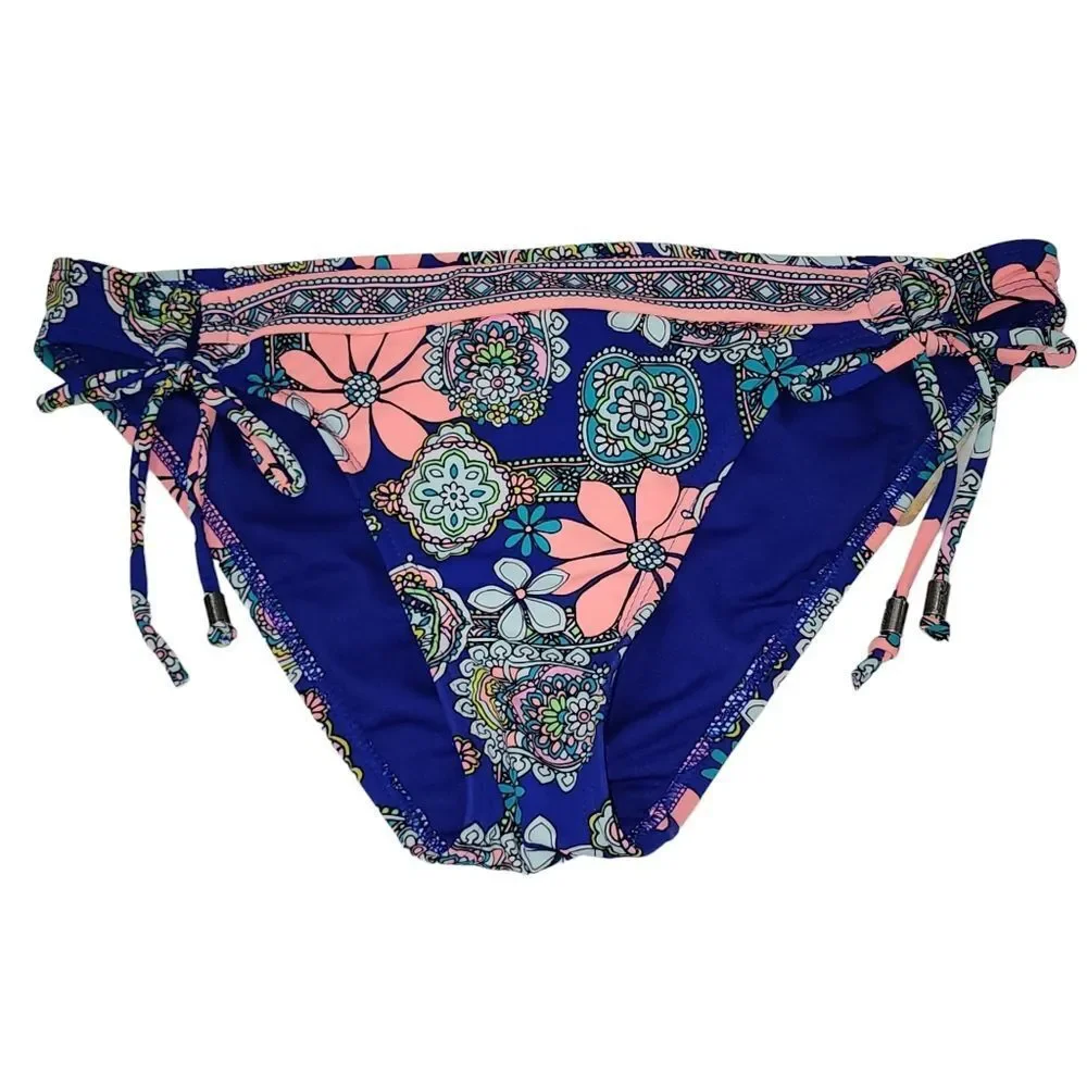 Hobie Womens Pink Blue Floral Bikini Bottom With Adjustable‎ Side Straps Size XL
